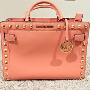 Michael Kors Coral Satchel with Gold Studs